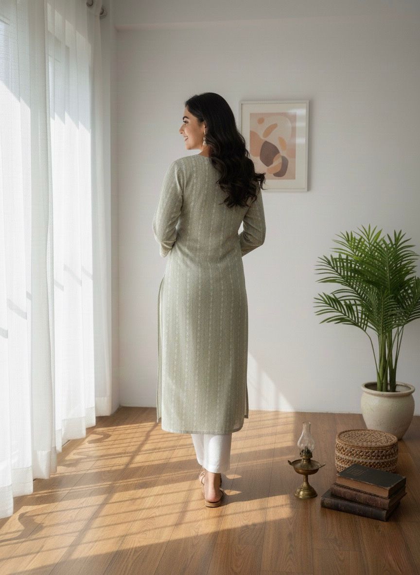 Hand-Embroidered Cotton Straight Kurti – Sage Green