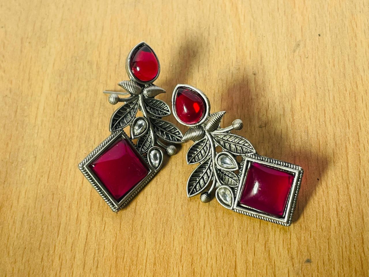 Kaave Oxidized Silver Ruby Red Square Drop Earrings with Leaf Motif