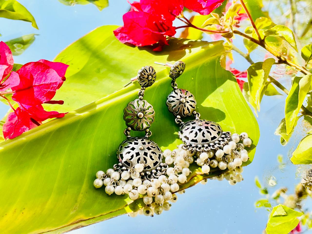 Handcrafted Oxidised Silver Bird Pearl Drop Earrings