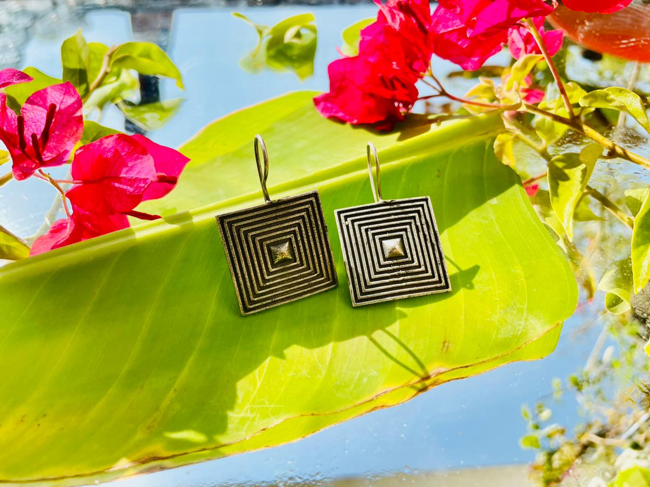 Handcrafted Oxidised Silver Square Geometric Earrings