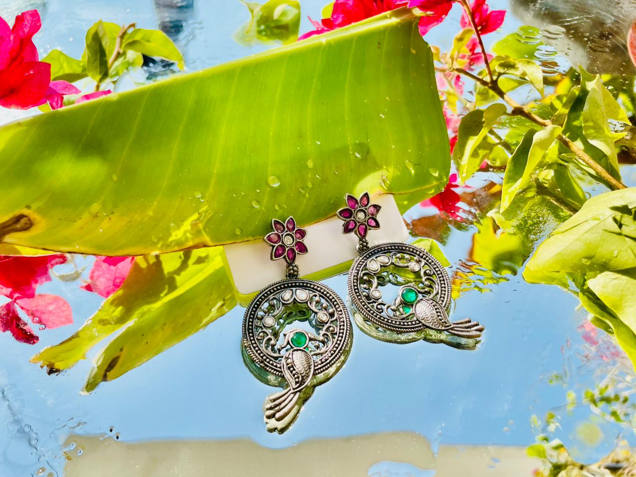 Handcrafted Oxidised Silver Bird & Floral Stone Statement Earrings