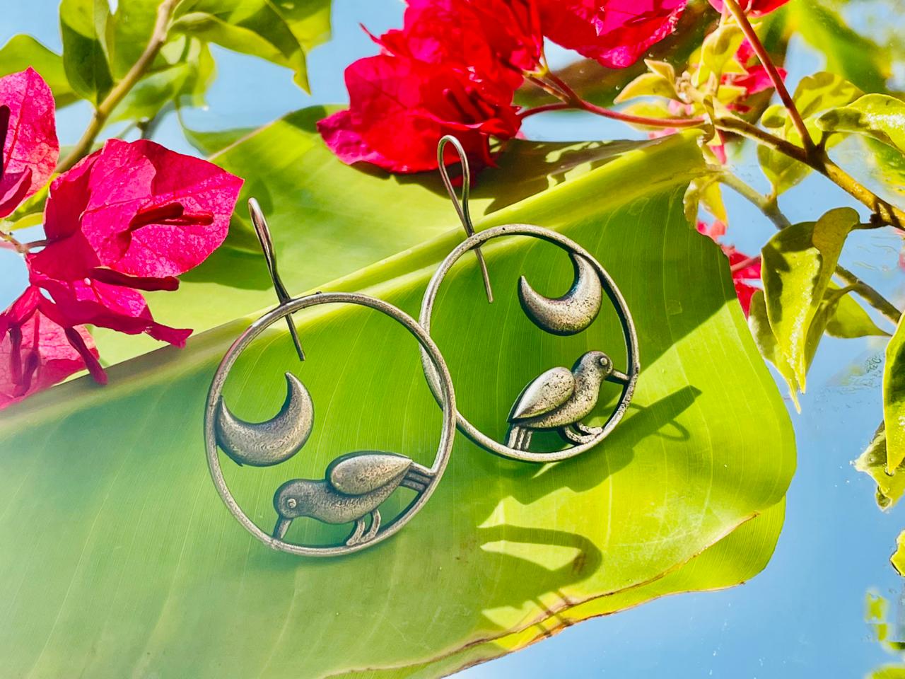 Handcrafted Oxidised Silver Bird & Moon Hoop Earrings