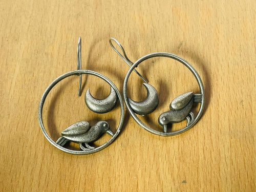Handcrafted Oxidised Silver Bird & Moon Hoop Earrings