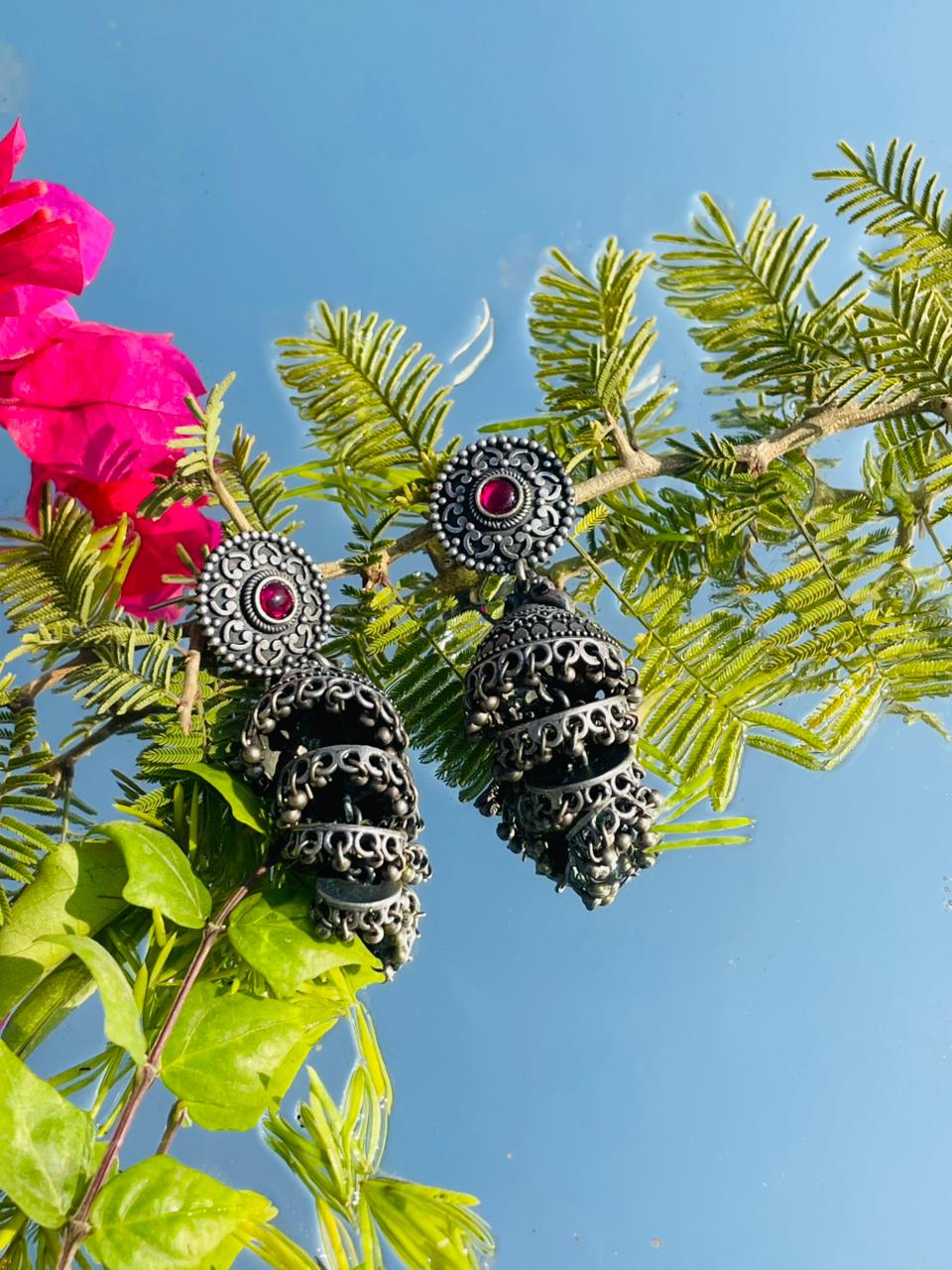 Oxidised Silver Red Stone Chain Jhumka Earrings