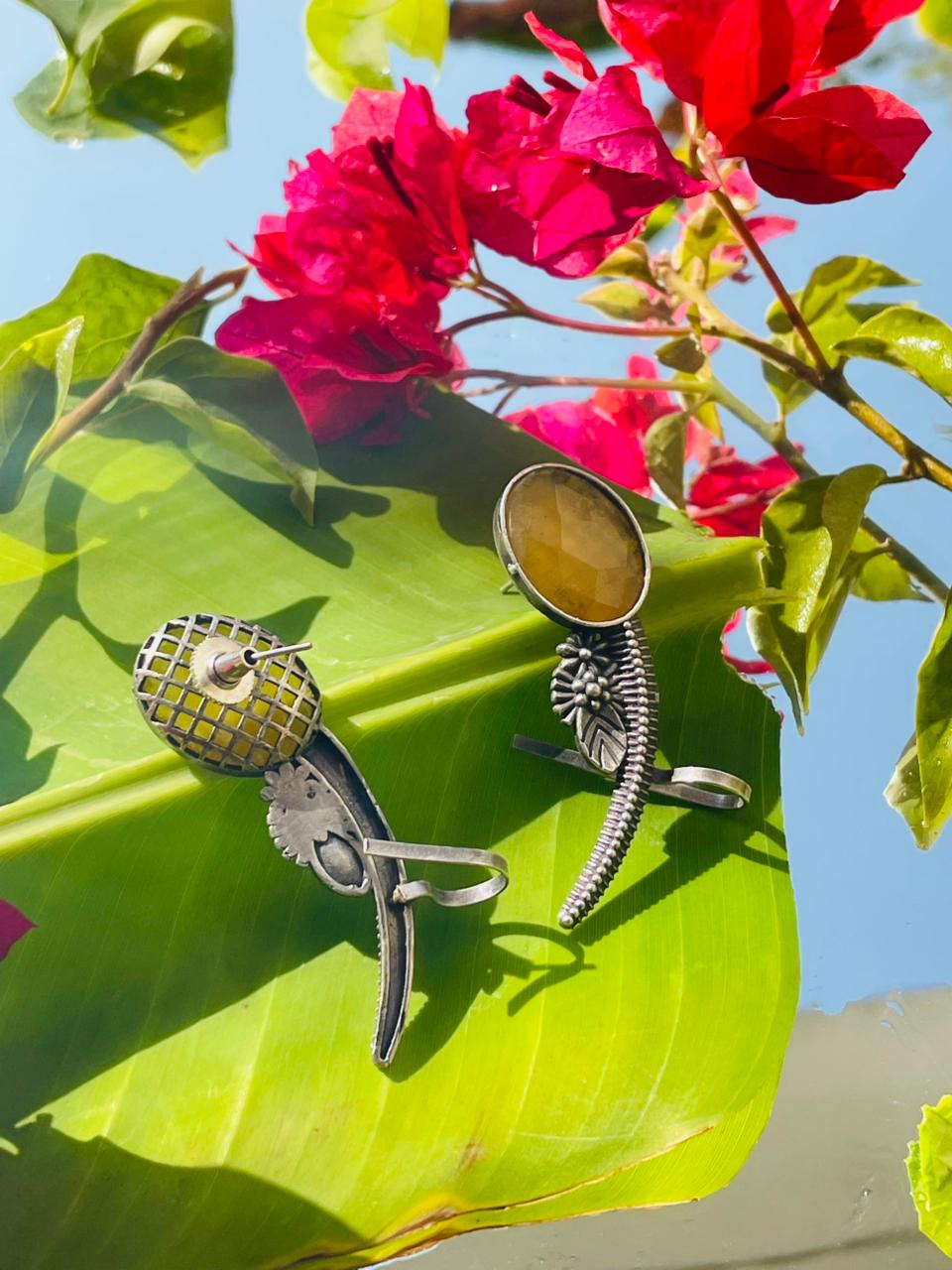 Handcrafted Oxidised Silver Yellow Stone Adjustable Ring