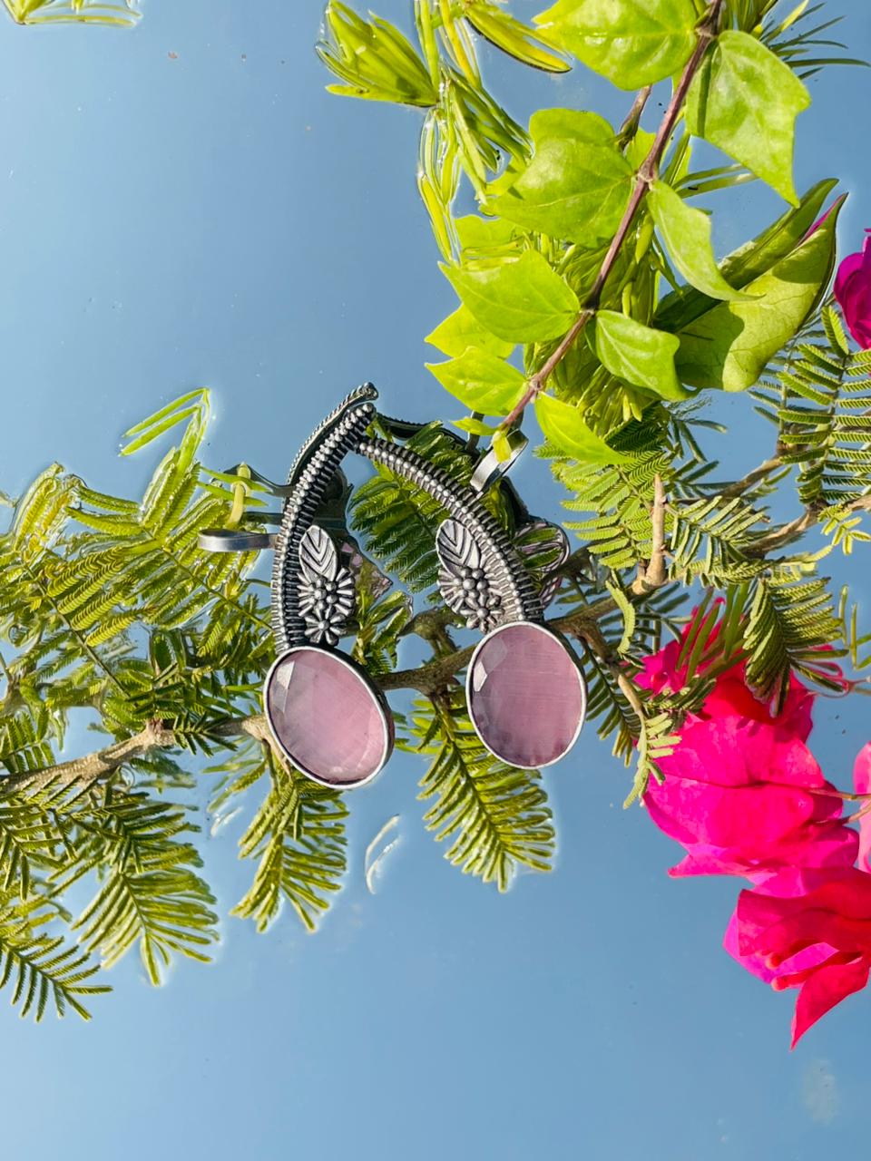 Handcrafted Oxidised Silver Pink Stone Adjustable Ring