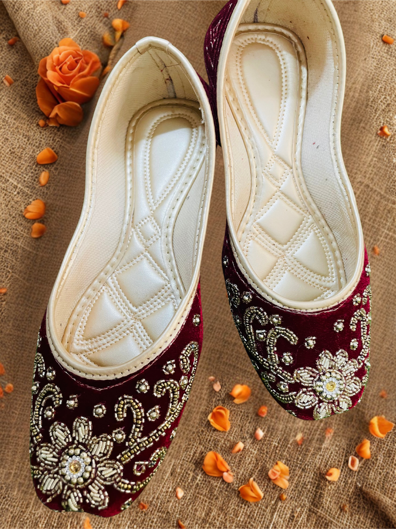 KAVE Regal Bloom Velvet Jutti – Maroon & Antique Gold