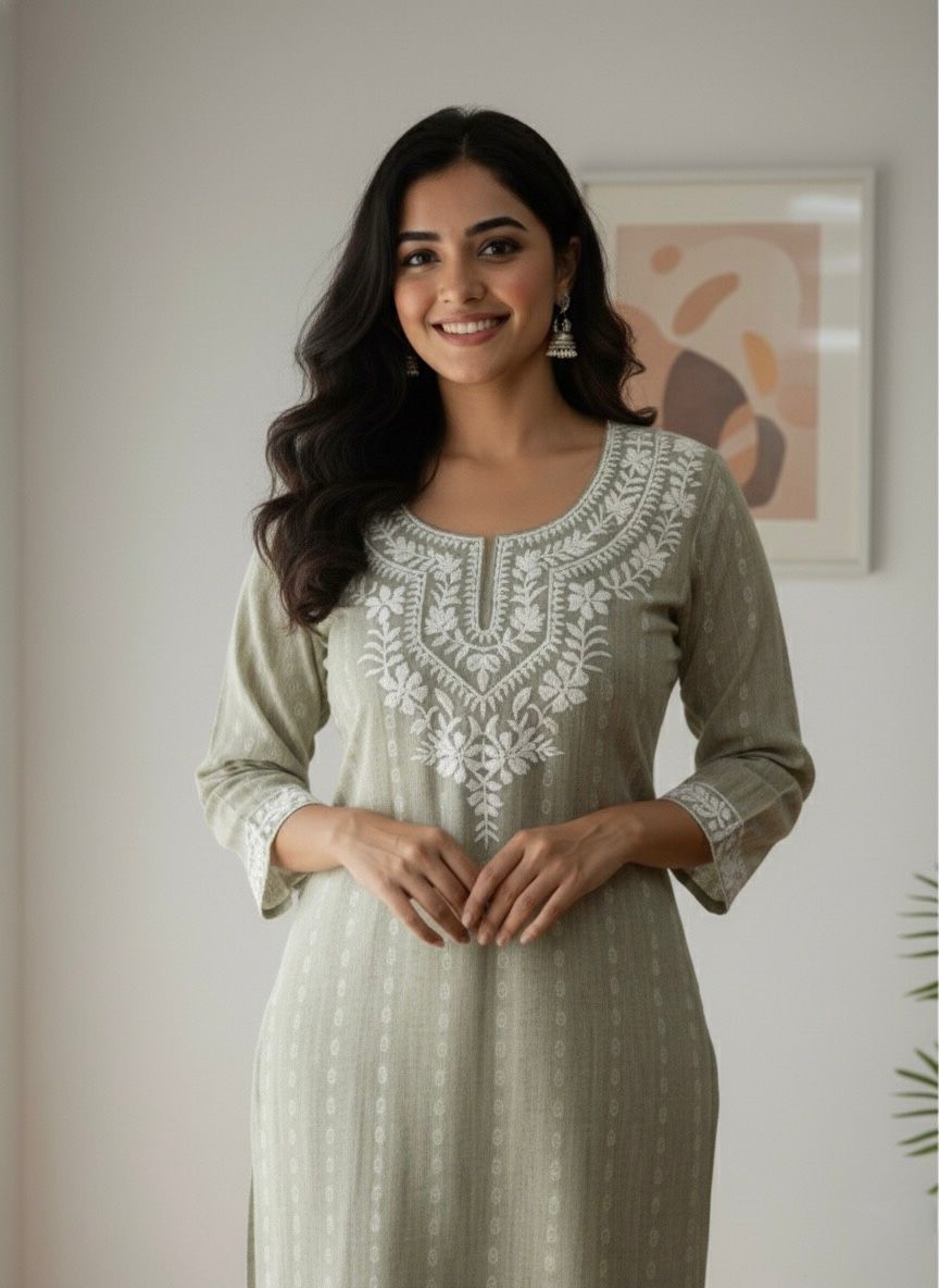 Hand-Embroidered Cotton Straight Kurti – Sage Green