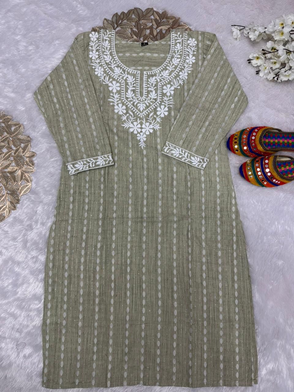 Hand-Embroidered Cotton Straight Kurti – Sage Green