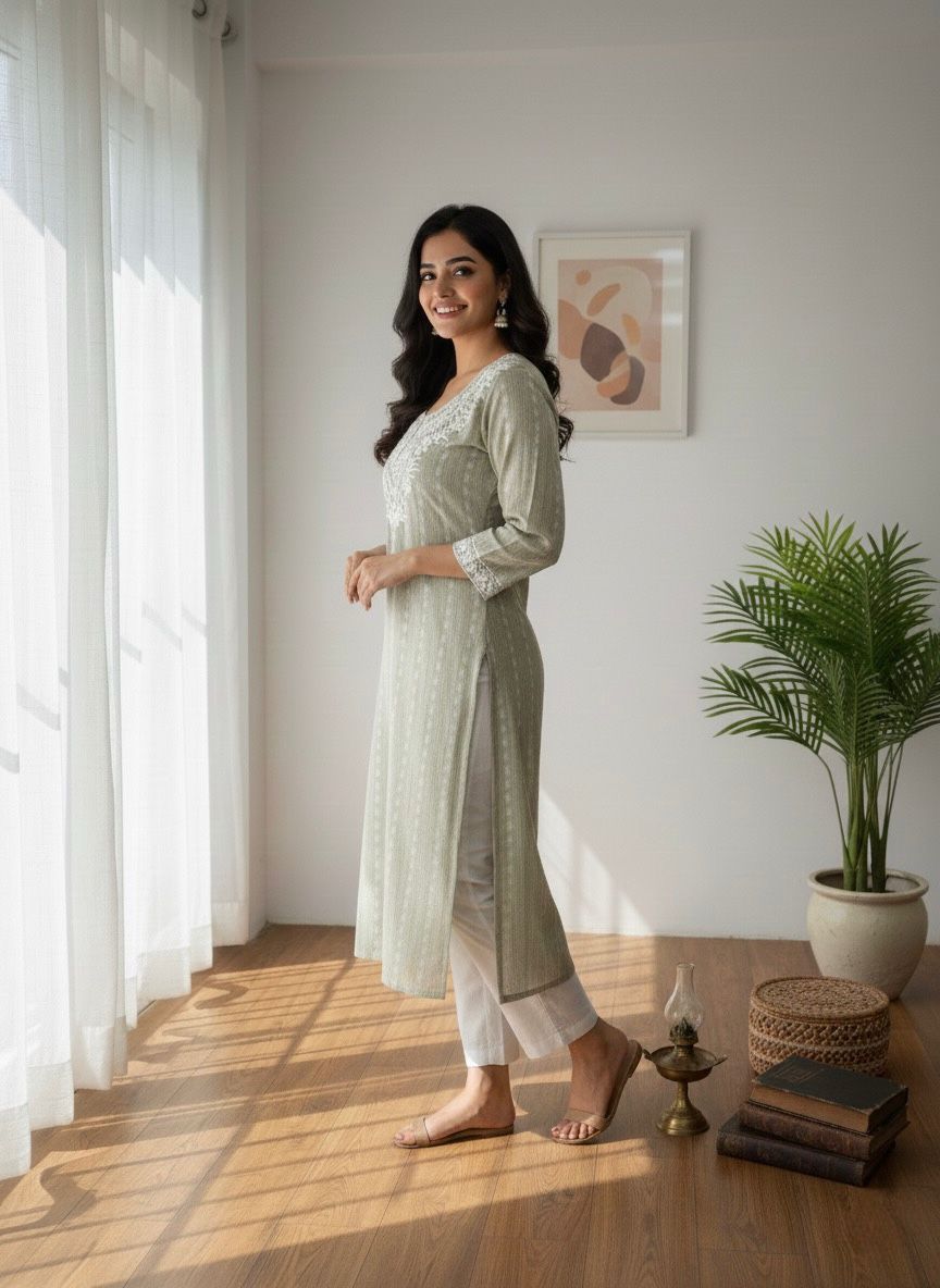 Hand-Embroidered Cotton Straight Kurti – Sage Green