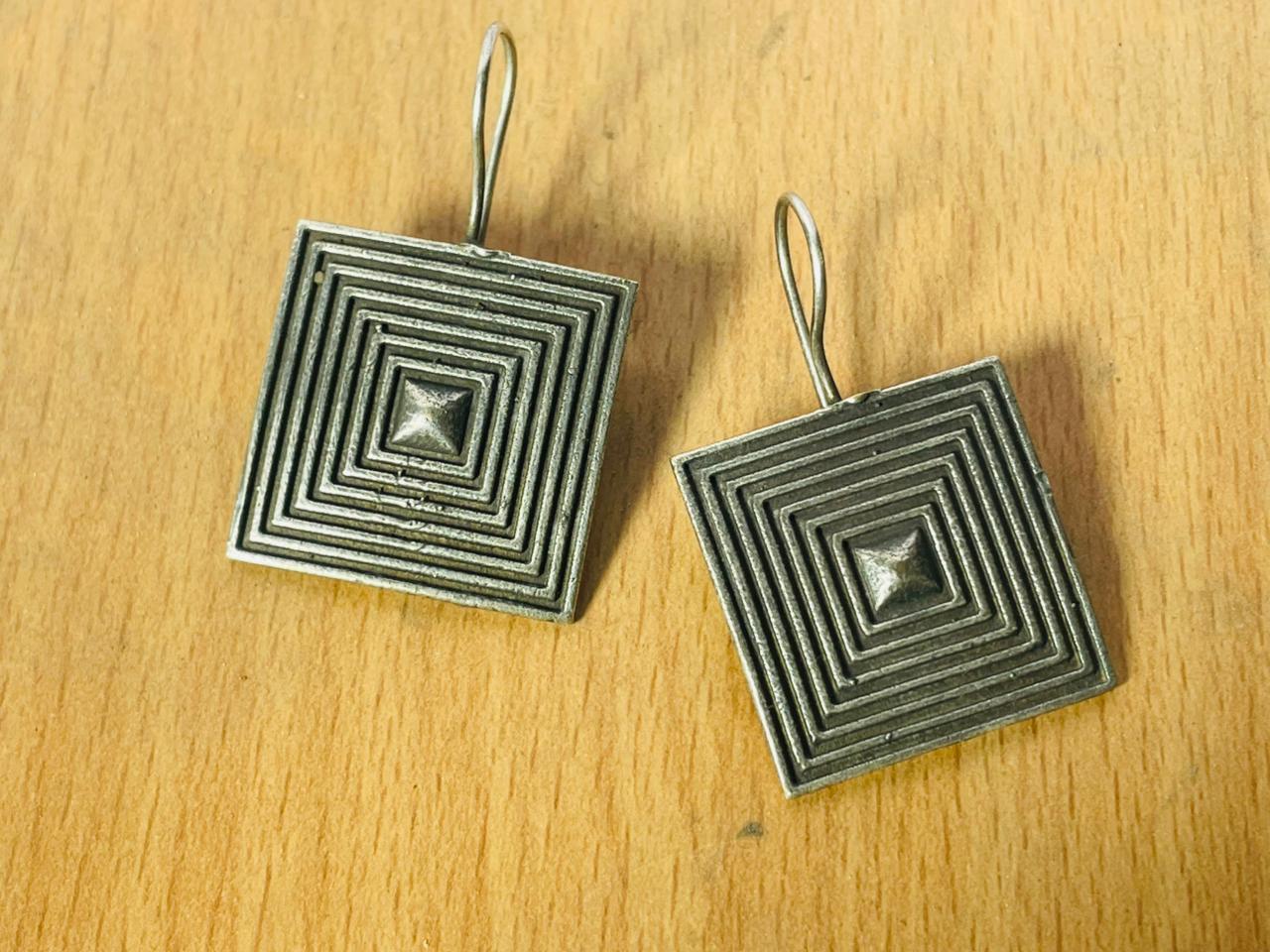 Handcrafted Oxidised Silver Square Geometric Earrings