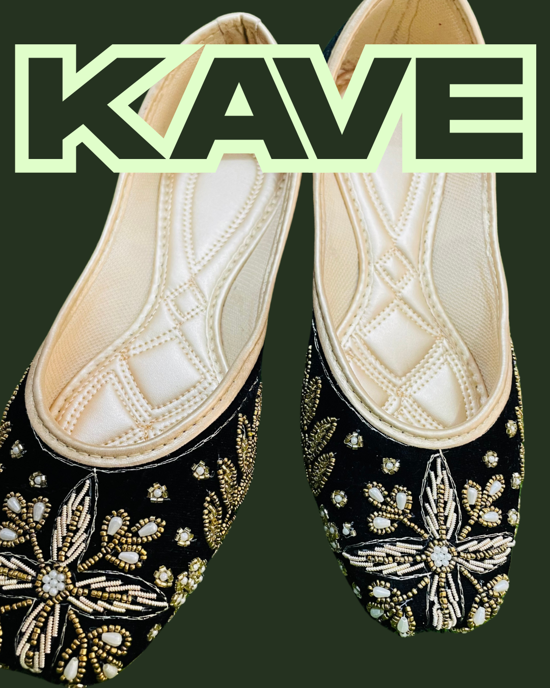 KAVE Midnight Radiance Embroidered Velvet Jutti – Black, Gold & Pearl White