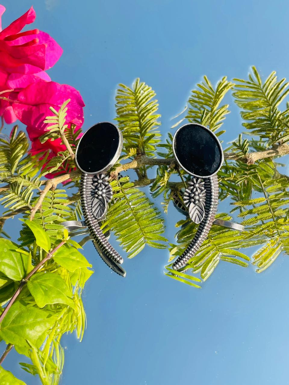 Handcrafted Oxidised Silver Black Stone Adjustable Ring