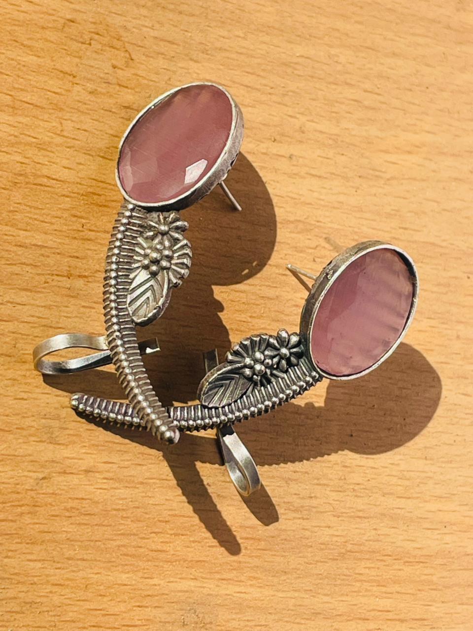 Handcrafted Oxidised Silver Pink Stone Adjustable Ring