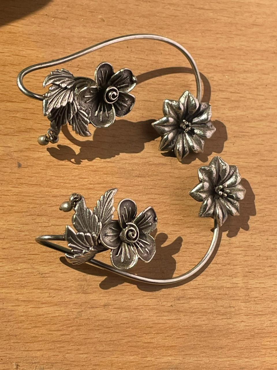 Handcrafted Oxidised Silver Floral Open Cuff Bracelet