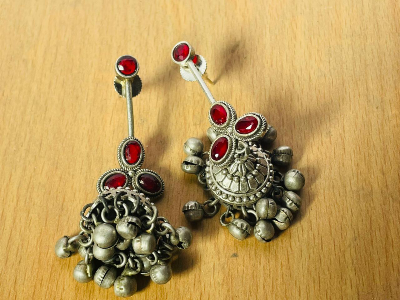 Handcrafted Oxidised Silver Red Stone Ghungroo Jhumka Earrings