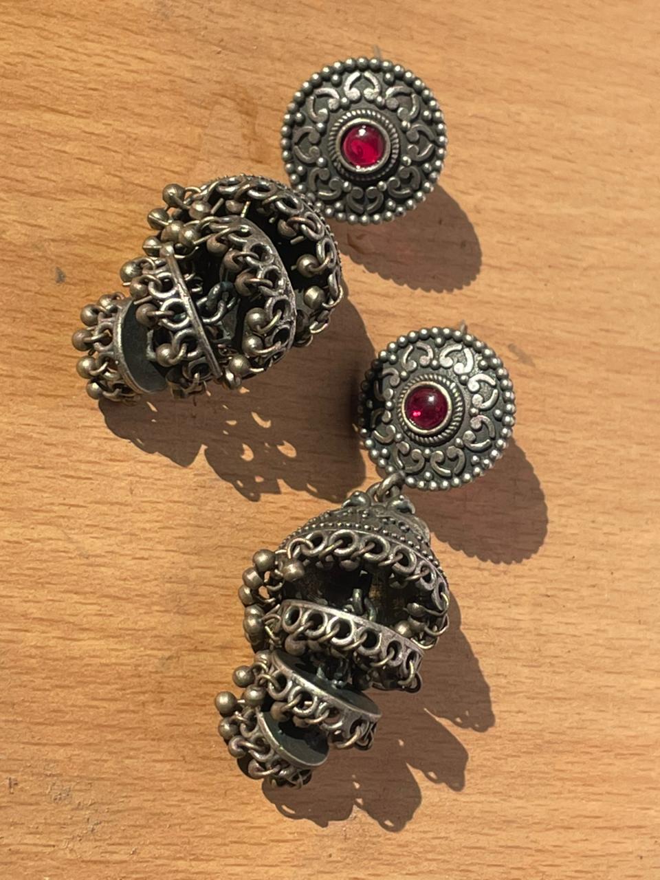 Oxidised Silver Red Stone Chain Jhumka Earrings