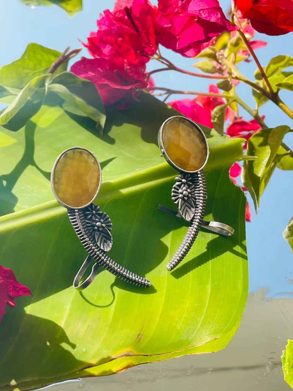 Handcrafted Oxidised Silver Yellow Stone Adjustable Ring