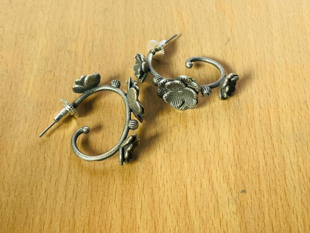 Handcrafted Oxidised Silver Floral Open Hoop Earrings