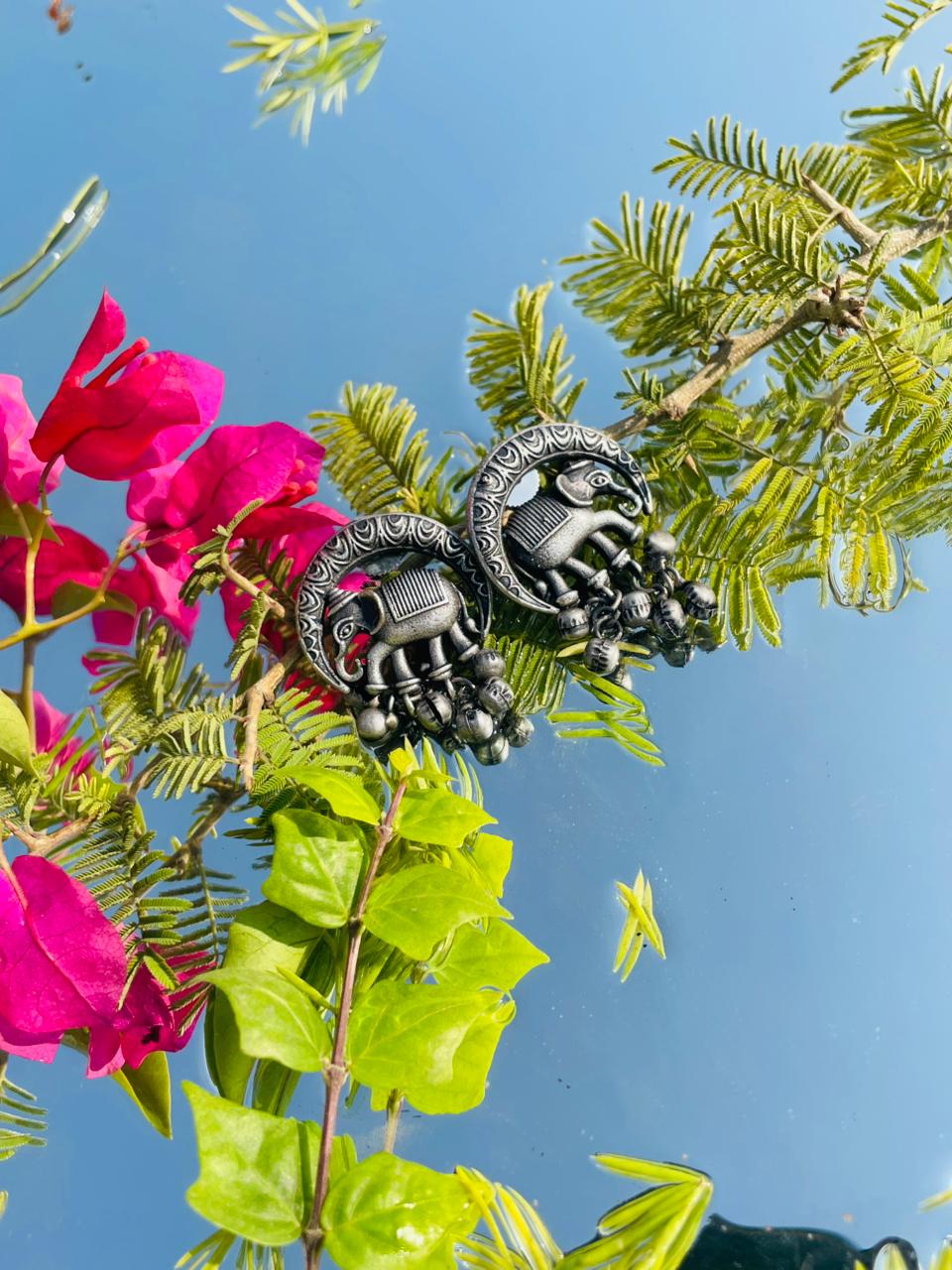 Handcrafted Oxidised Silver Elephant Motif Jhumka Earrings