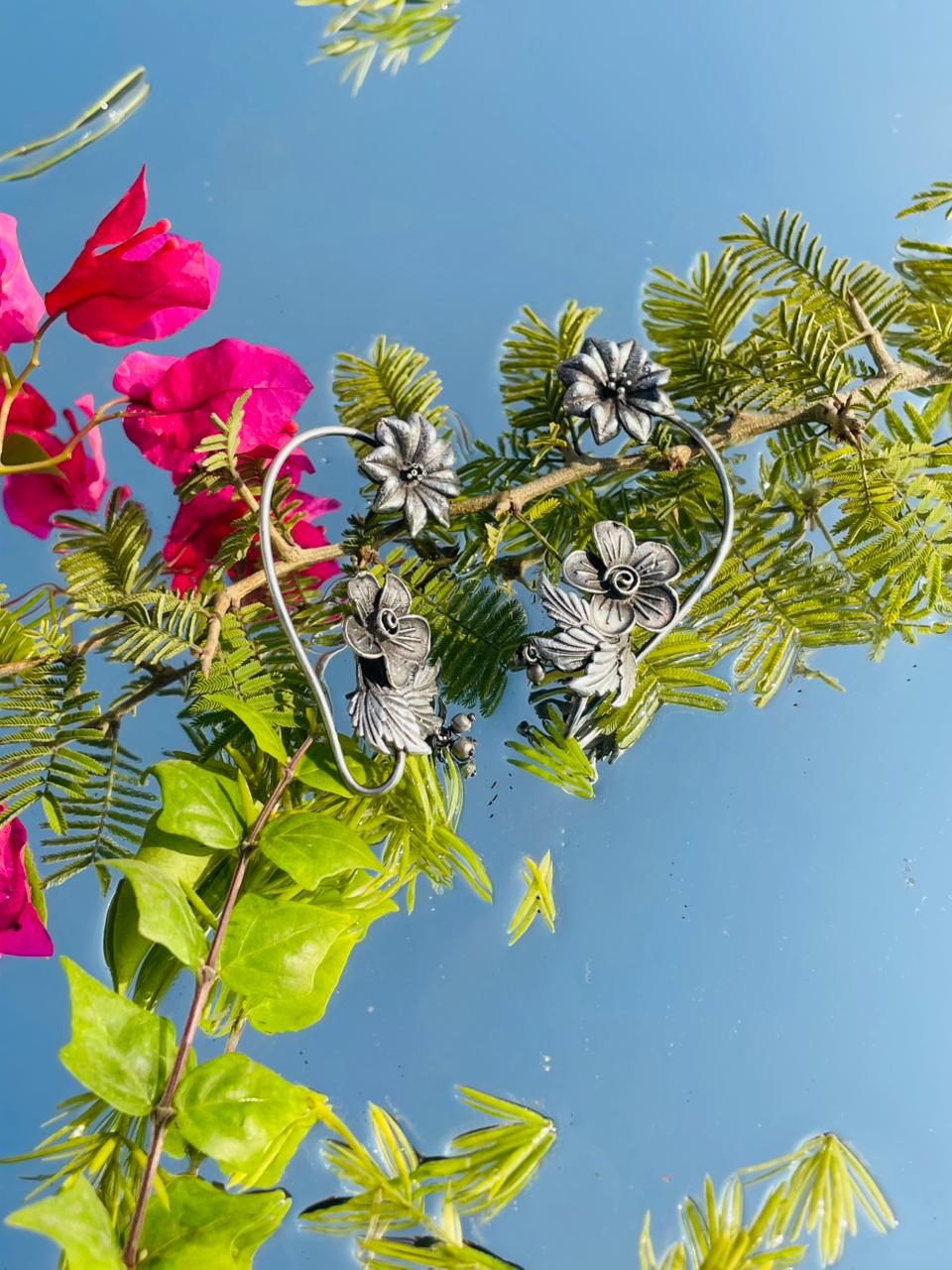 Handcrafted Oxidised Silver Floral Open Cuff Bracelet