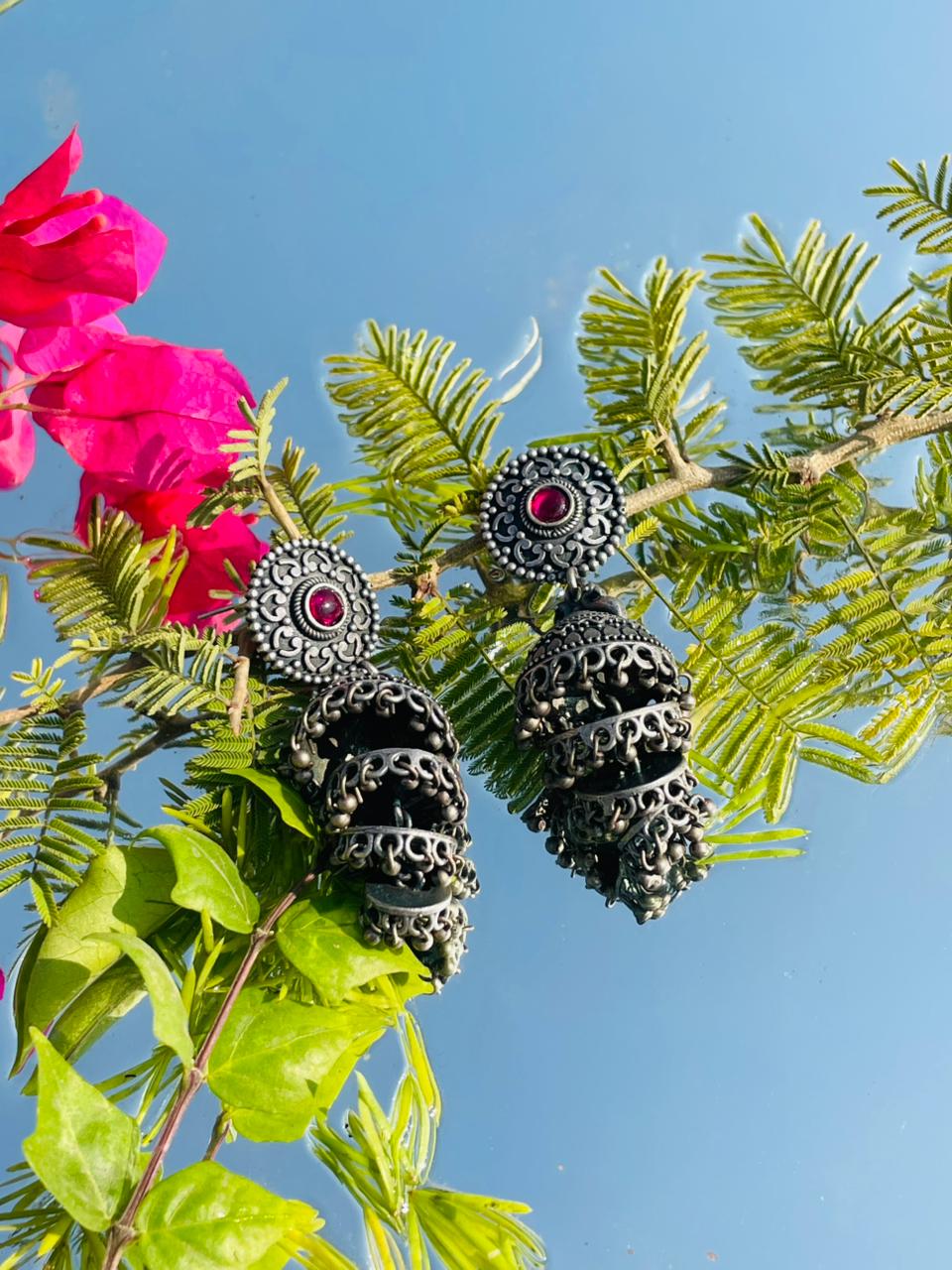 Oxidised Silver Red Stone Chain Jhumka Earrings