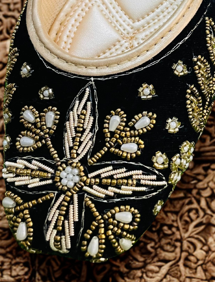 KAVE Midnight Radiance Embroidered Velvet Jutti – Black, Gold & Pearl White
