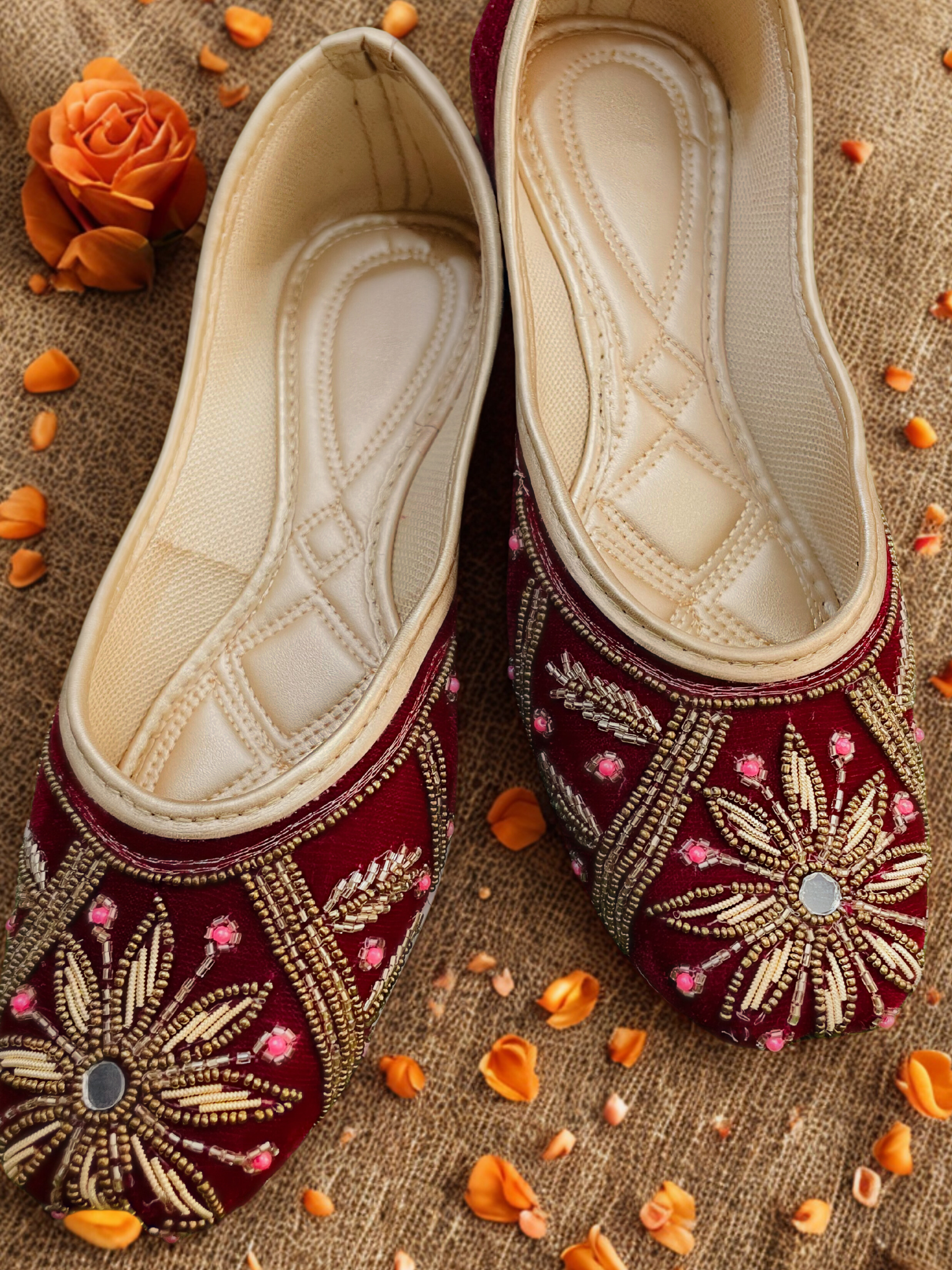 KAVE Royal Bloom Embroidered Velvet Jutti – Maroon, Gold & Pink
