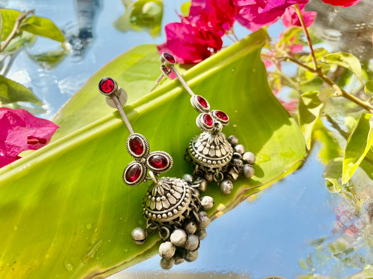 Handcrafted Oxidised Silver Red Stone Ghungroo Jhumka Earrings