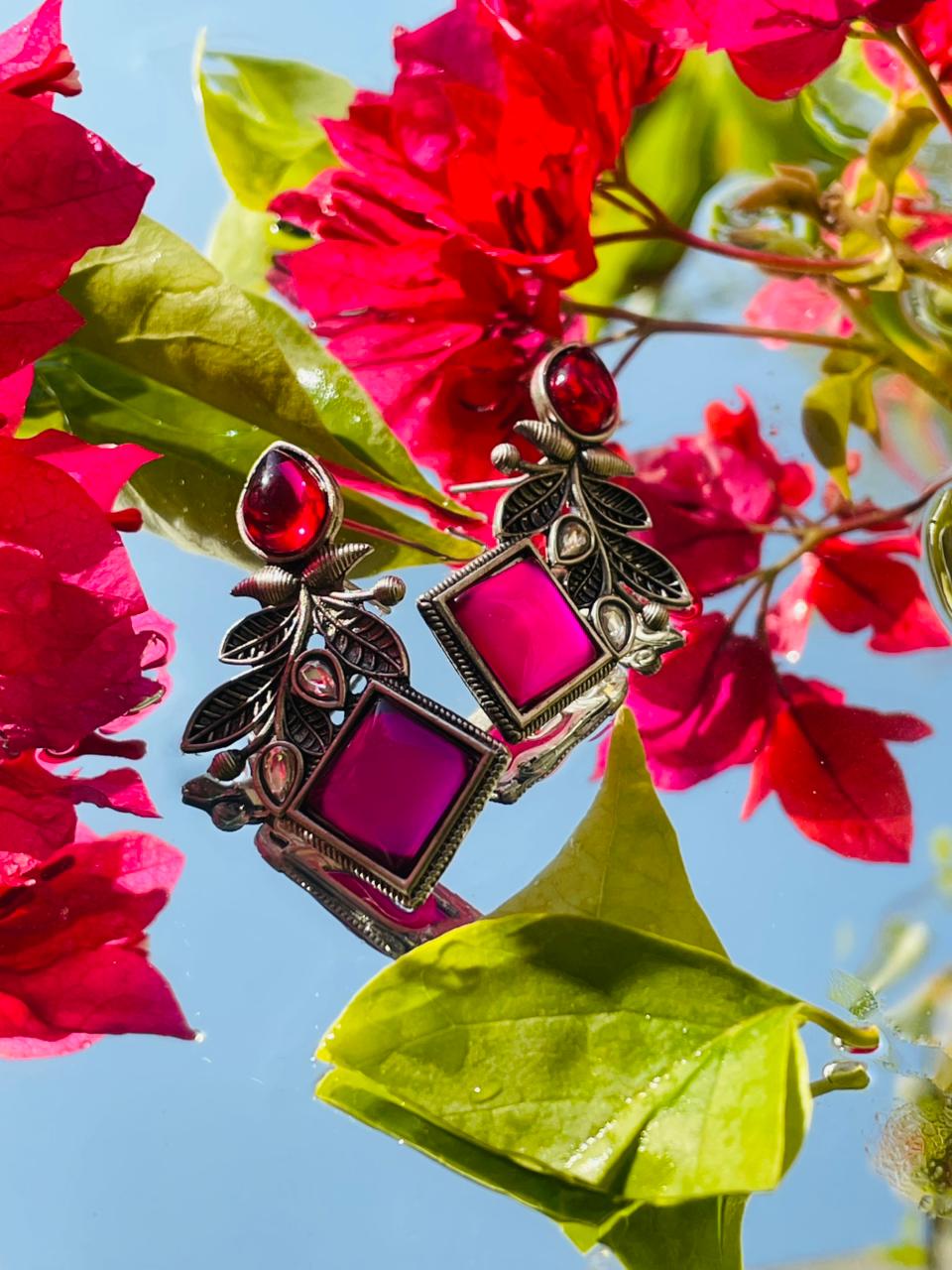 Kaave Oxidized Silver Ruby Red Square Drop Earrings with Leaf Motif