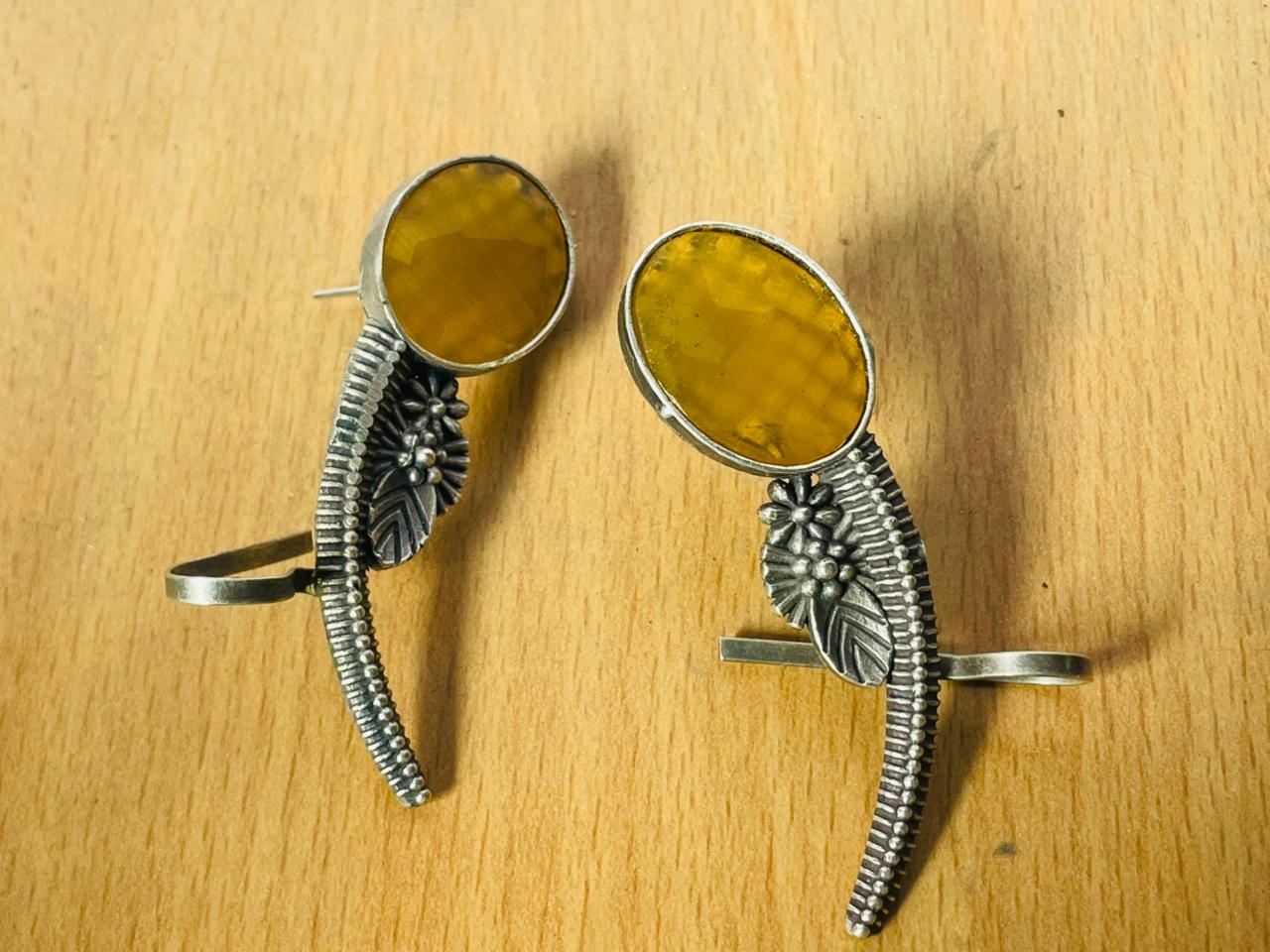 Handcrafted Oxidised Silver Yellow Stone Adjustable Ring