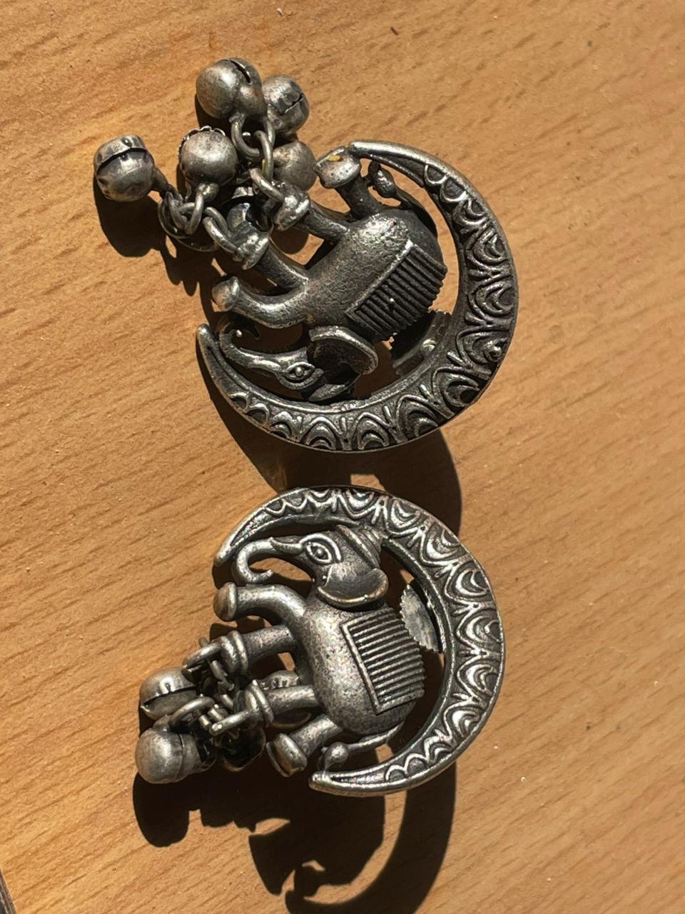 Handcrafted Oxidised Silver Elephant Motif Jhumka Earrings