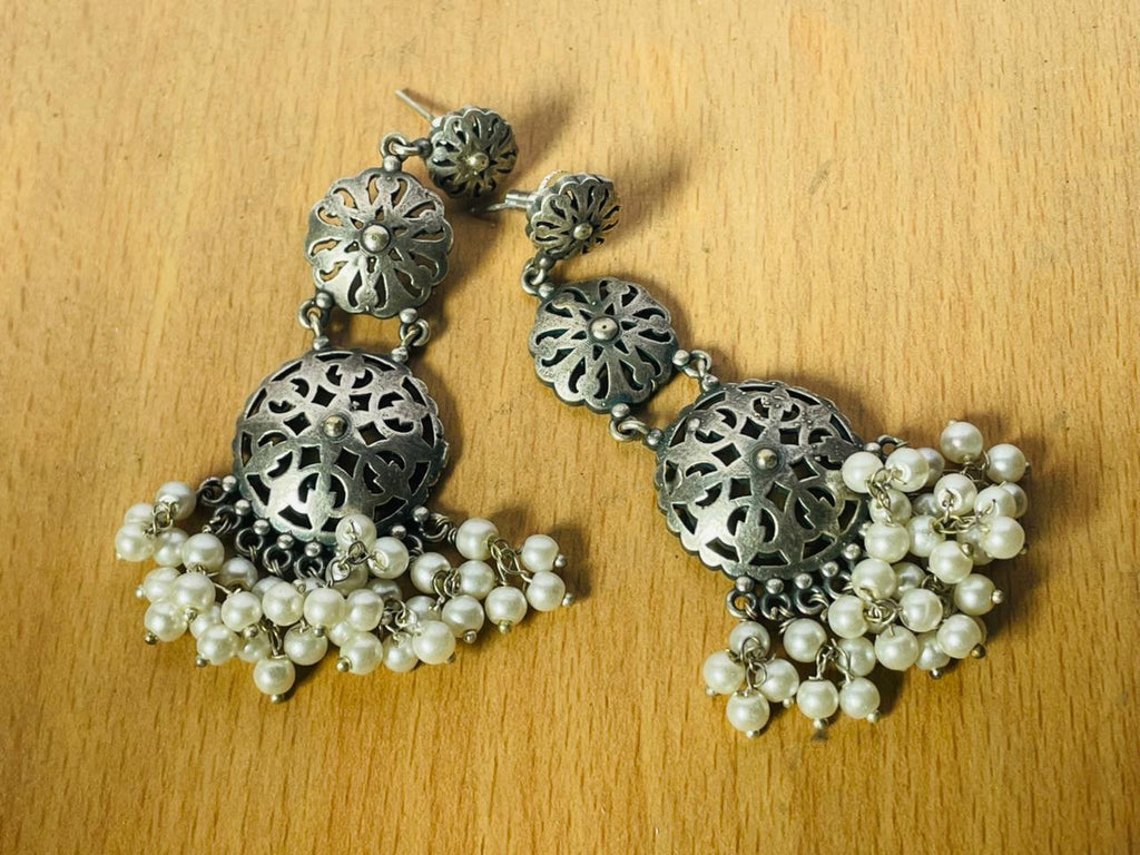 Handcrafted Oxidised Silver Bird Pearl Drop Earrings