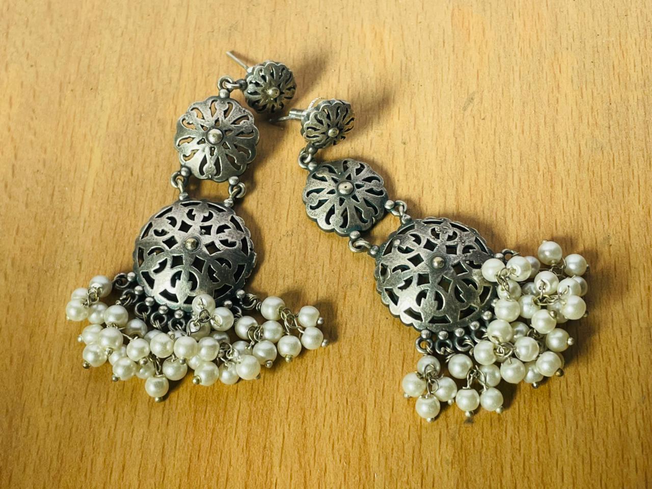 Handcrafted Oxidised Silver Bird Pearl Drop Earrings