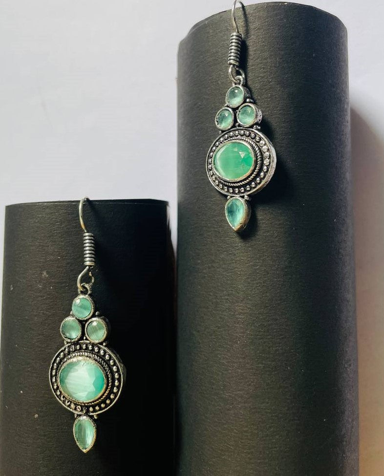Oxidized Silver Drop Earrings with greenstones