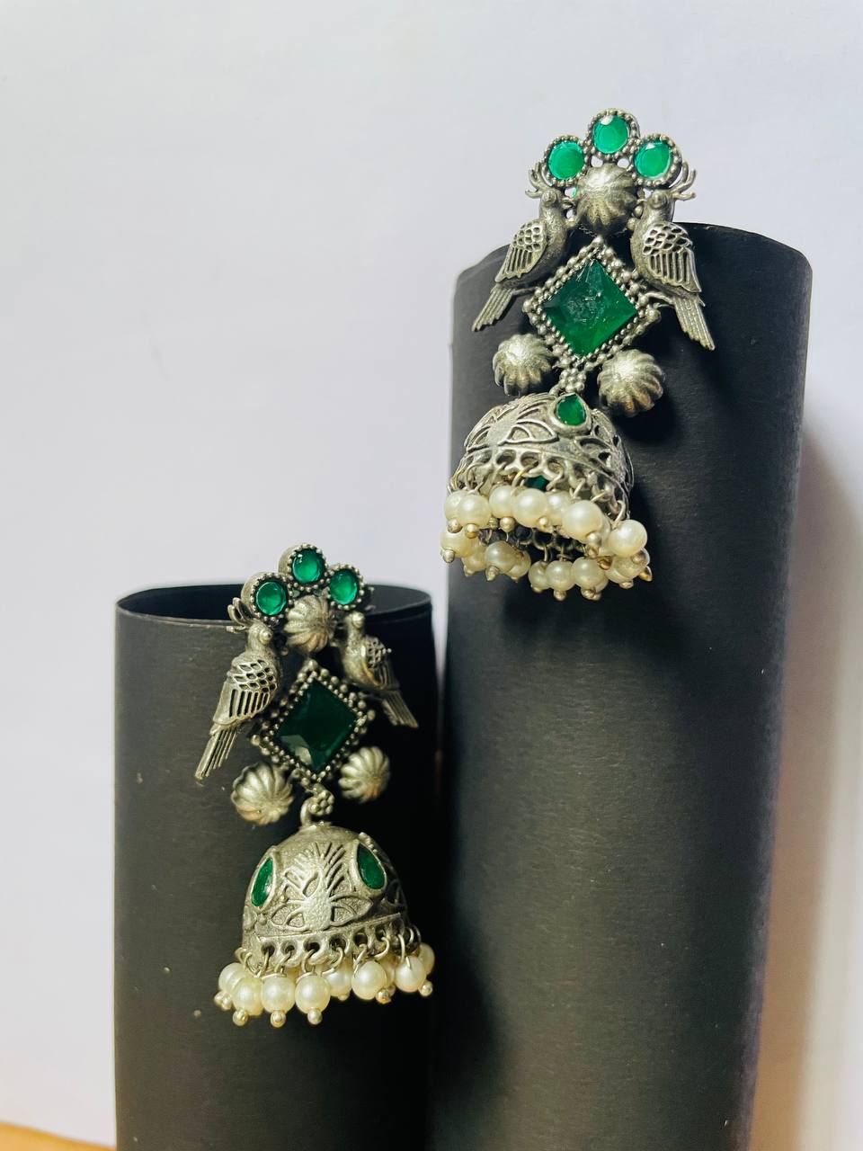 Elegant Oxidized Silver Drop Earrings with  greens