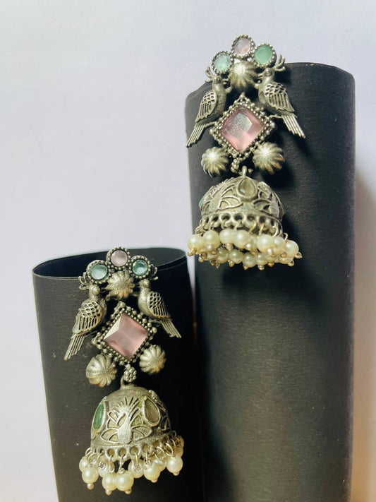 Elegant Oxidized Silver Drop Earrings with pink stones