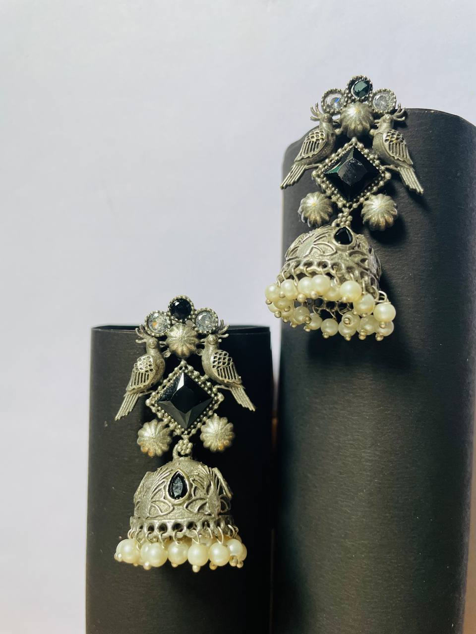 Elegant Oxidized Silver Drop Earrings with black  stones